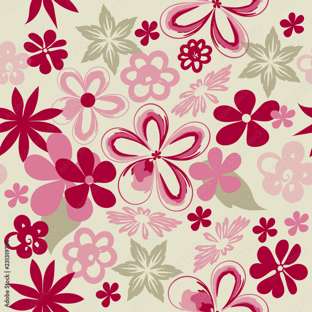Plakat Floral printed pattern for fabric design. Hand-drawn flowers scattered without a system on a light background.