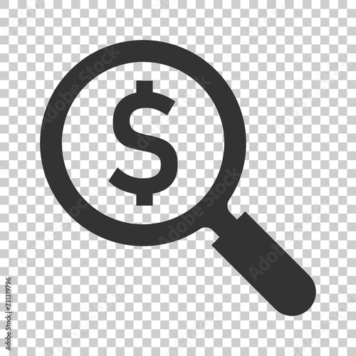 Magnify glass with dollar sign icon in flat style. Loupe, money vector illustration on isolated background. Search bill business concept.