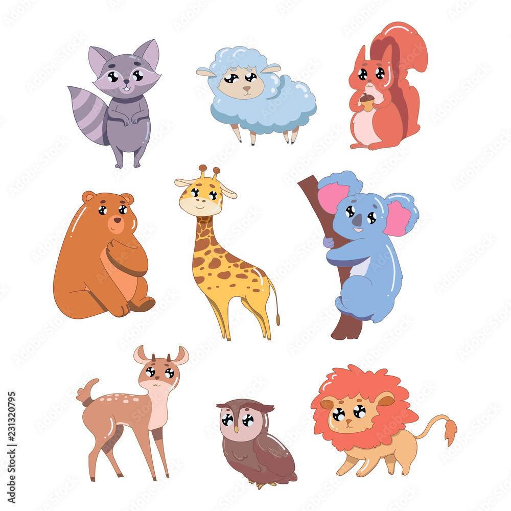 Set of cute animals isolated on white background. Wildlife animals vector illustration