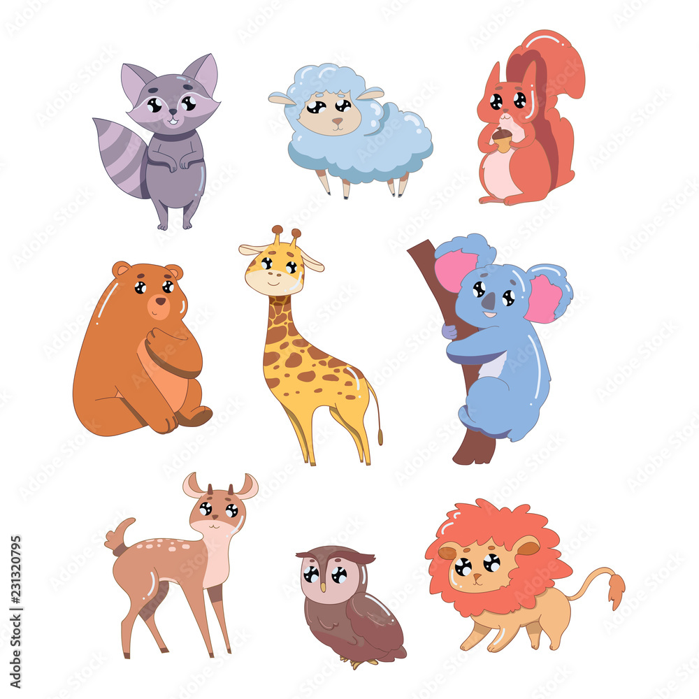 Fototapeta premium Set of cute animals isolated on white background. Wildlife animals vector illustration