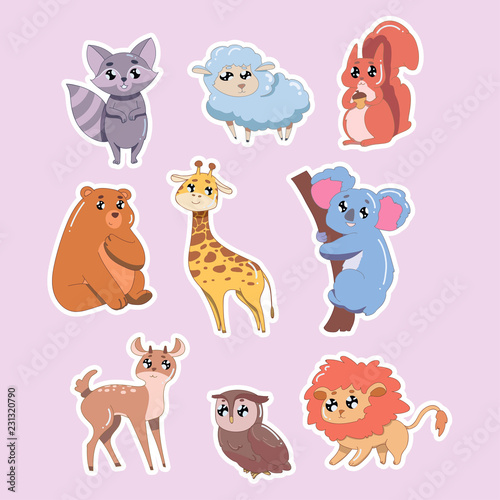 Set of cute animals isolated on pink background. Wildlife animals vector illustration