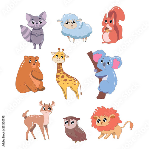 Set of cute animals isolated on white background. Wildlife animals vector illustration