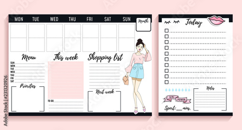 Girl boss weekly and daily planner design with fashion elements and young women. Vector illustration