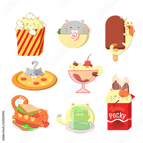 Set of cute cats with food. Kawaii vector cats.