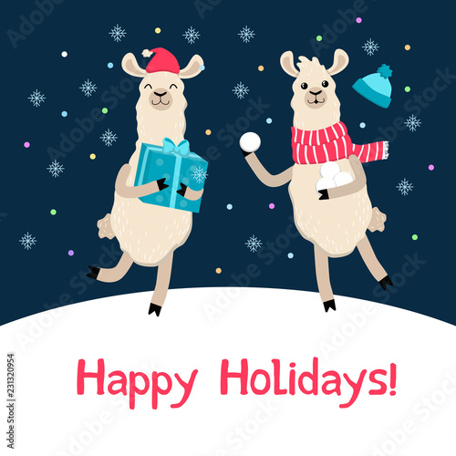 Cute llama Christmas card. Alpaca cartoon winter greeting card.