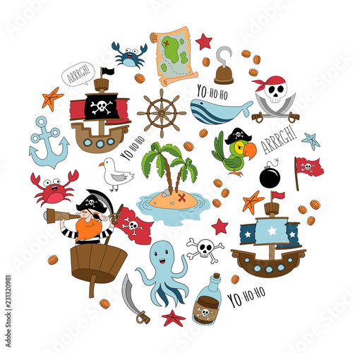Pirate cartoon set. Big set of pirates supplies for party, greeting card etc.Vector illustration © Microstocker.Pro