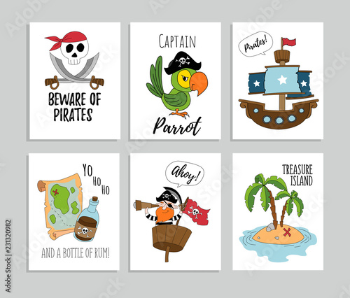 Pirate cartoon cards set. Big set of pirates supplies for party, greeting card etc.Vector illustration