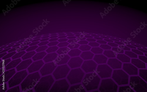 Multilayer sphere of honeycombs, violet on a dark background, social network, computer network, technology, global network. 3D illustration