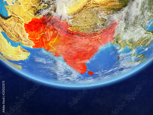 SAARC memeber states on realistic model of planet Earth with country borders and very detailed planet surface and clouds.