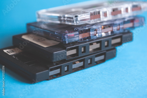 music vintage cassette on blue table background