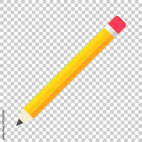 Realistic yellow wooden pencil with rubber eraser icon in flat style. Highlighter vector illustration on isolated background. Pencil business concept.