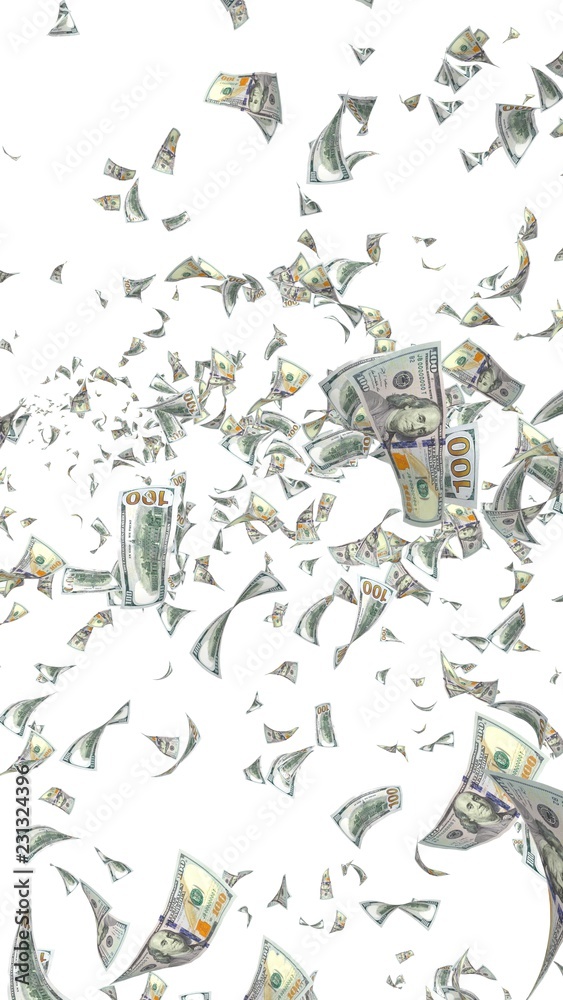Flying dollars banknotes isolated on a white background. Money is flying in the air. 100 US banknotes new sample. 3D illustration Flying dollars banknotes isolated on a white background. Money is flying in the air. 100 US banknotes new sample. 3D illustration