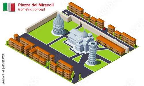 The Piazza dei Miracoli surrounded by city isometric illustration. The Pisa Cathedral, the Pisa Baptistry and the Leaning Tower of Pisa architectural complex vector icon.