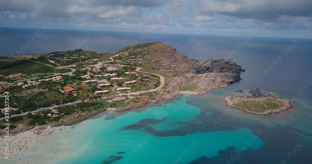 Drone footage, a beautiful day. Panoramas of the coasts of Sardinia, Italy. Stintino, La Pelosa and Asinara.