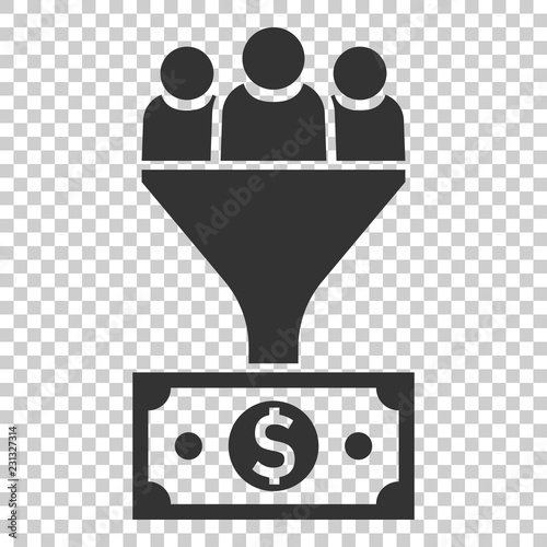 Lead management icon in flat style. Funnel with people, money vector illustration on isolated background. Target client business concept.