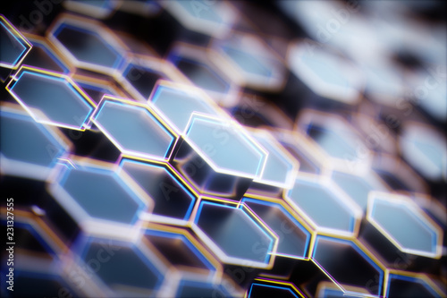 Fototapeta Naklejka Na Ścianę i Meble -  Black abstract hexagon background, 3d rendering honeycomb background with bright edges.