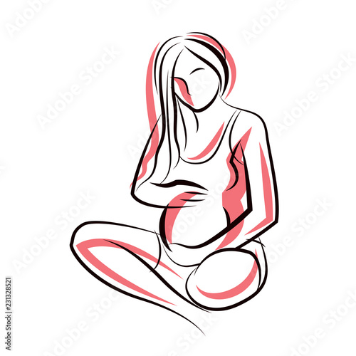Pregnant female body shape hand drawn vector illustration, beautiful lady gently touching her belly. Love and tenderness concept.