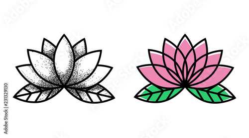 Lotos Tattoo. Flower tattoo. Traditional black dot style and color ink