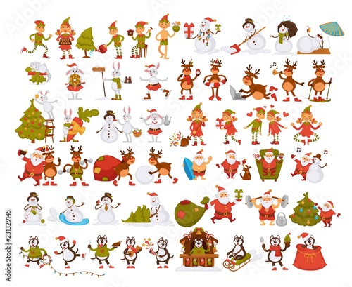 Happy New Year characters resting at beach, Santa and rabbit