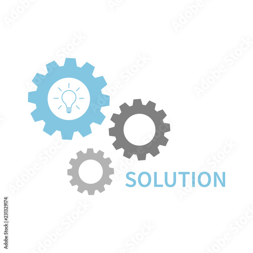 Solution or idea concept. Business conception idea or solution. Blue gear wheels with light bulb