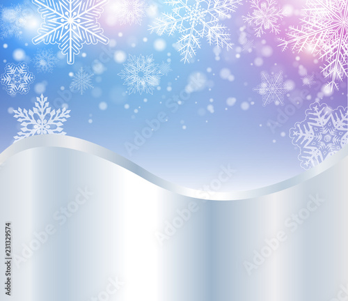 Christmas background, winter snowing silver blue with magical lights