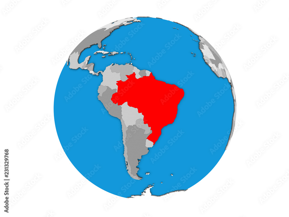 Brazil on blue political 3D globe. 3D illustration isolated on white background.