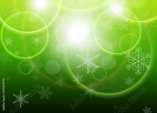 Christmas background with snowflakes, green lights snow background
