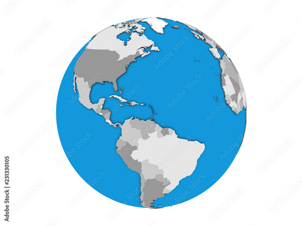 Caribbean on blue political 3D globe. 3D illustration isolated on white background.