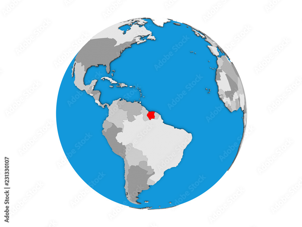 Suriname on blue political 3D globe. 3D illustration isolated on white background.