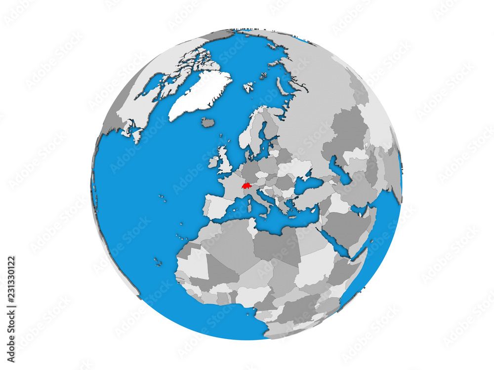 Switzerland on blue political 3D globe. 3D illustration isolated on white background.
