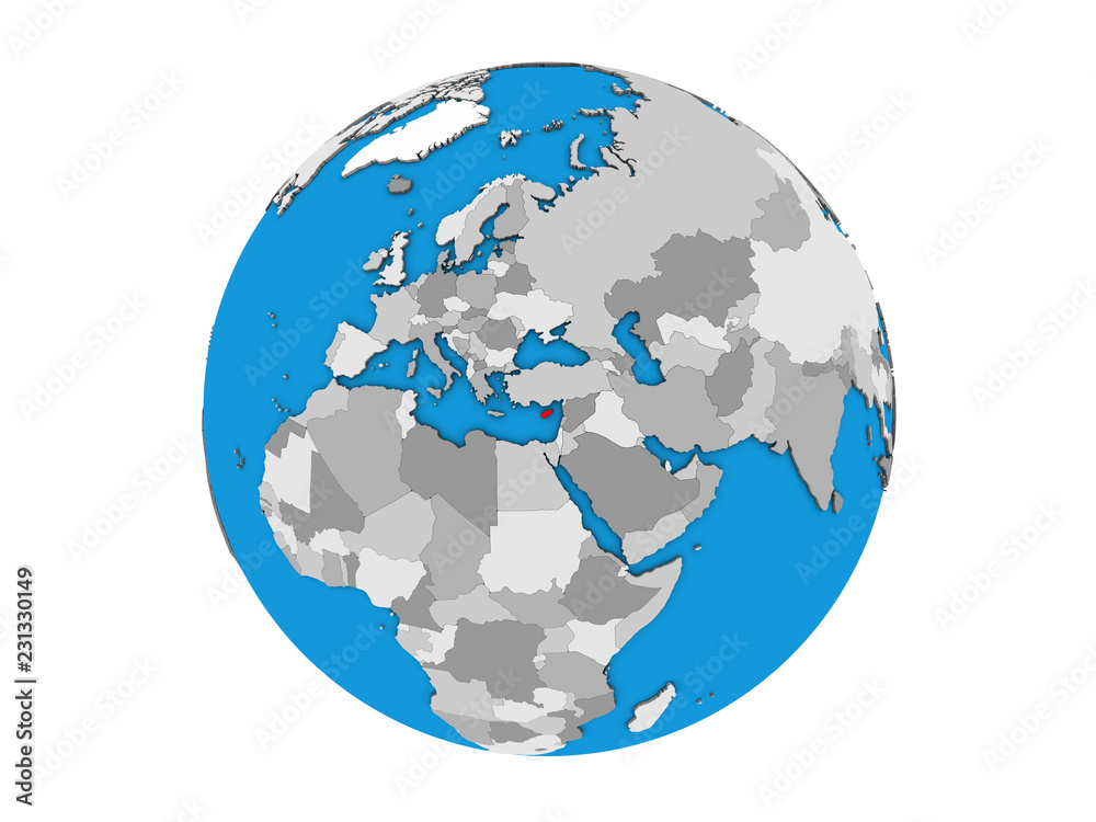 Cyprus on blue political 3D globe. 3D illustration isolated on white background.
