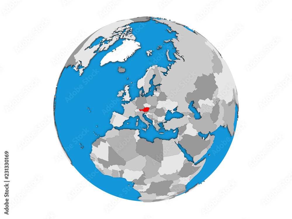 Austria on blue political 3D globe. 3D illustration isolated on white background.