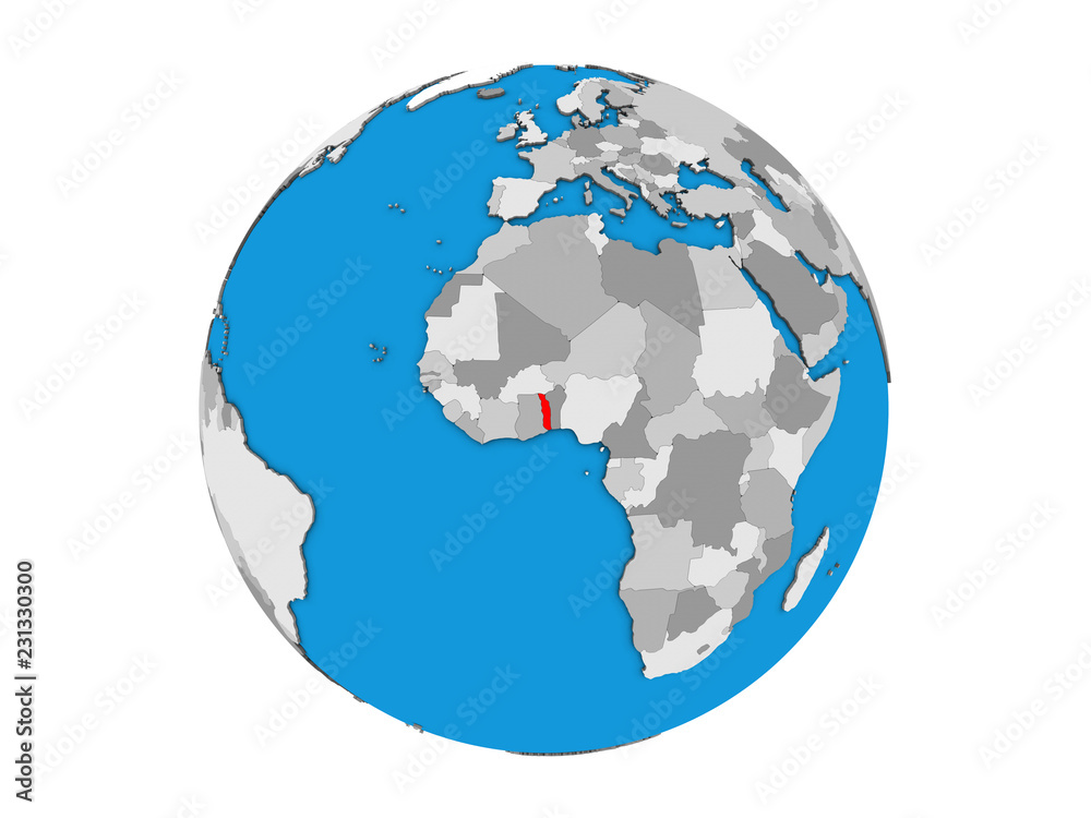 Togo on blue political 3D globe. 3D illustration isolated on white background. Togo on blue political 3D globe. 3D illustration isolated on white background.