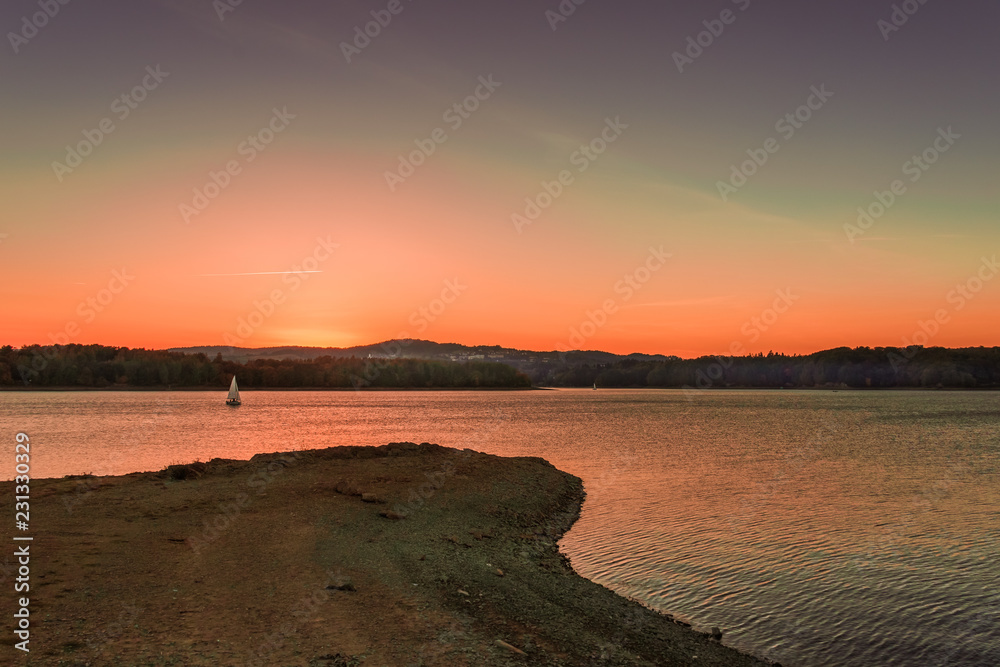 Sunset over the Solina Lake in Bieszczady Mountains in Poland