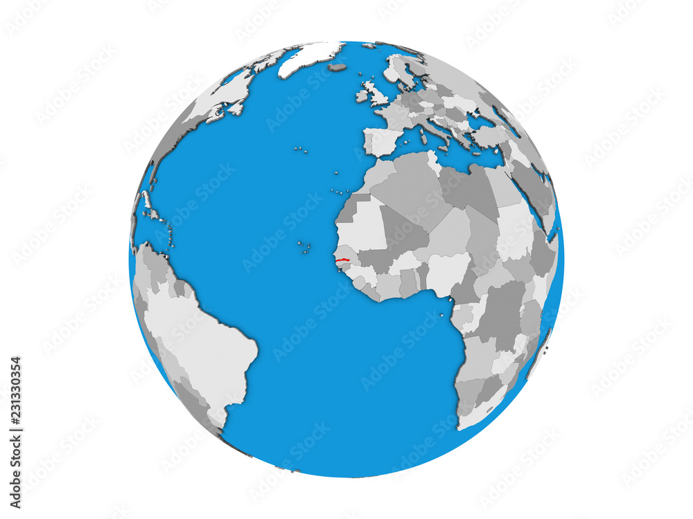 Gambia on blue political 3D globe. 3D illustration isolated on white background. Gambia on blue political 3D globe. 3D illustration isolated on white background.