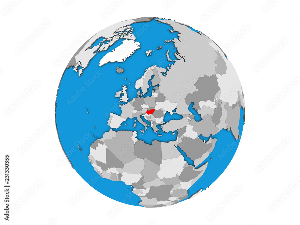 Hungary on blue political 3D globe. 3D illustration isolated on white background. Hungary on blue political 3D globe. 3D illustration isolated on white background.
