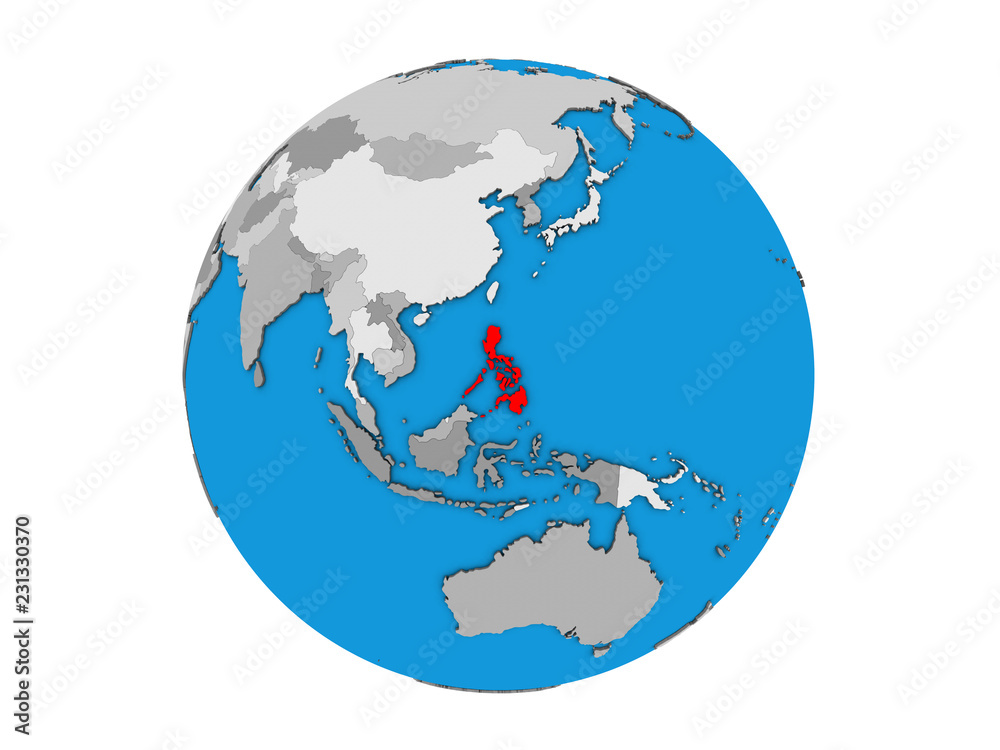 Philippines on blue political 3D globe. 3D illustration isolated on white background.