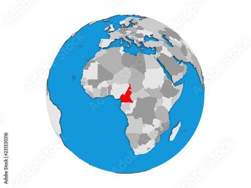 Cameroon on blue political 3D globe. 3D illustration isolated on white background.