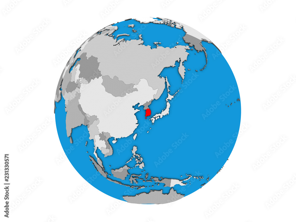South Korea on blue political 3D globe. 3D illustration isolated on white background.
