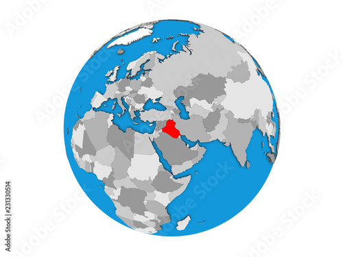 Iraq on blue political 3D globe. 3D illustration isolated on white background.