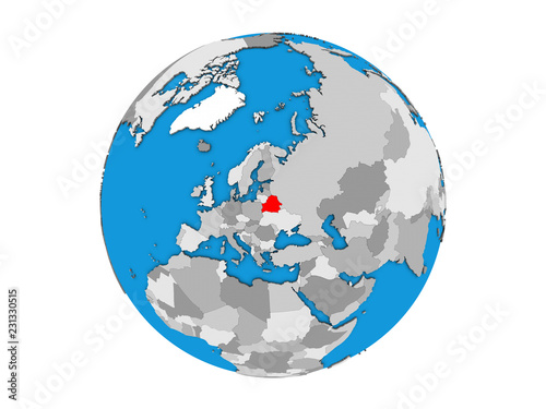 Belarus on blue political 3D globe. 3D illustration isolated on white background.