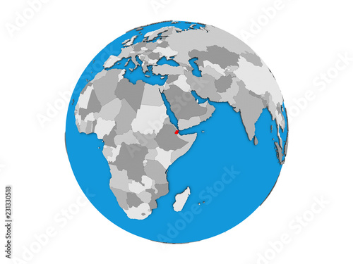 Djibouti on blue political 3D globe. 3D illustration isolated on white background.