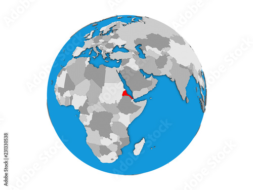 Eritrea on blue political 3D globe. 3D illustration isolated on white background.