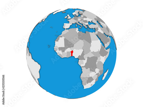 Benin on blue political 3D globe. 3D illustration isolated on white background.