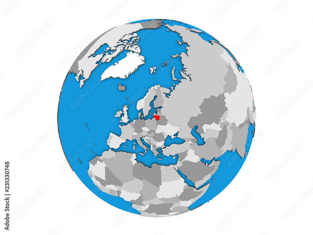 Naklejka premium Lithuania on blue political 3D globe. 3D illustration isolated on white background.