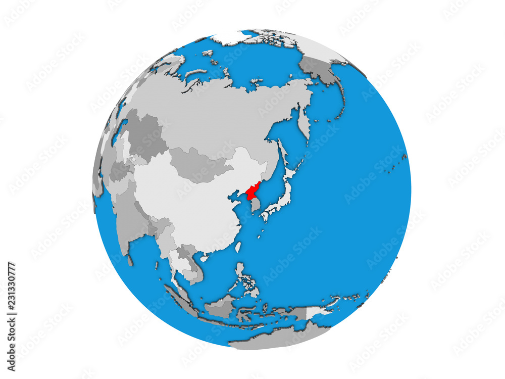 North Korea on blue political 3D globe. 3D illustration isolated on white background.