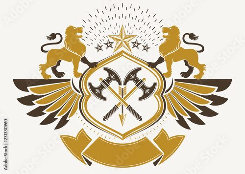 Heraldic Coat of Arms decorative winged emblem, isolated vector illustration created using wild lions, pentagonal stars and hatchets.