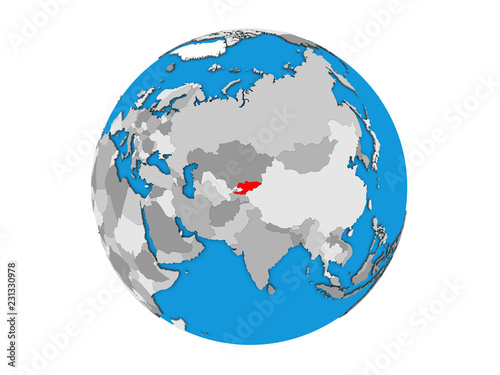 Kyrgyzstan on blue political 3D globe. 3D illustration isolated on white background.