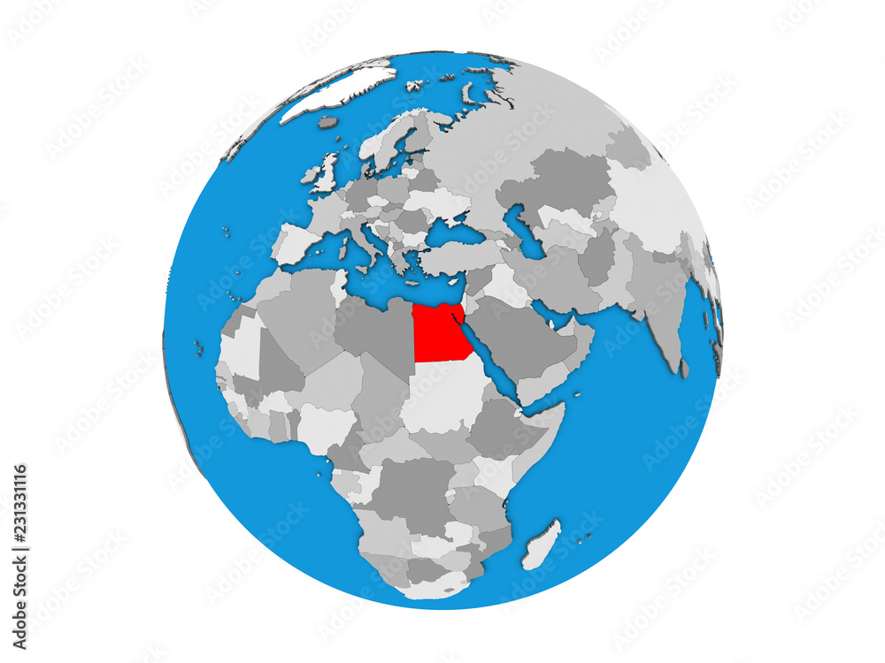 Egypt on blue political 3D globe. 3D illustration isolated on white background.
