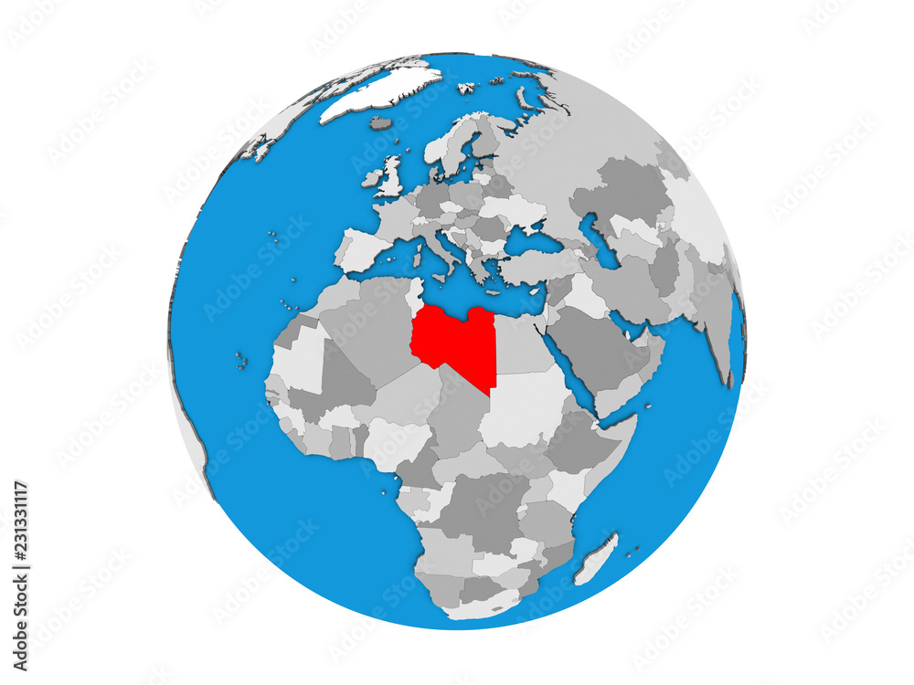 Libya on blue political 3D globe. 3D illustration isolated on white background. Libya on blue political 3D globe. 3D illustration isolated on white background.